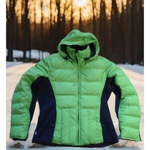 Obermeyer Ski Jacket Womens Size 4 Green Black Excellent Goose Down Hooded Coat